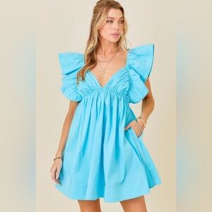 Ruffle TEAL Penny DRESS in size Large. Poplin dress aqua blue